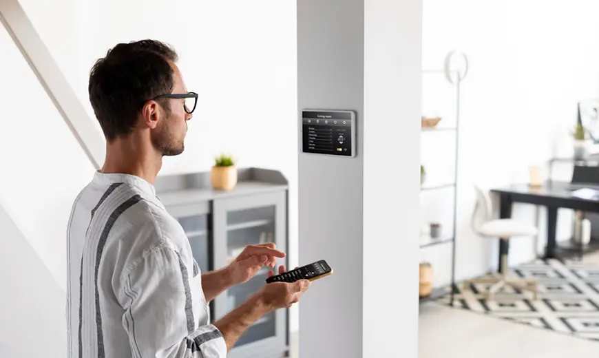 Tendencias reformas 2025: lo que todos quieren en su hogar 3 Domótica en el hogar. Imagen de sistema inteligente integrado en una columna del salón y un hombre interactuando con ella