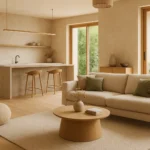 Tendencias reformas 2025. Imagen de un salón con colores actualizados, buena iluminación, espacios abiertos y estilo minimalista