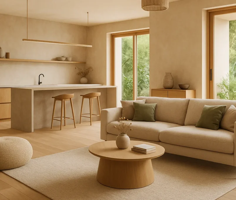 Tendencias reformas 2025. Imagen de un salón con colores actualizados, buena iluminación, espacios abiertos y estilo minimalista