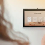5 ventajas de la integración eléctrica y climatización en el hogar. Imagen de un dispositivo de domótica en la pared de una casa.